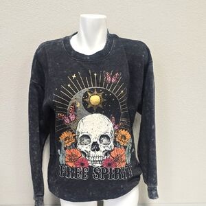 Acid Wash Metallic Skull Crew Neck Sweater